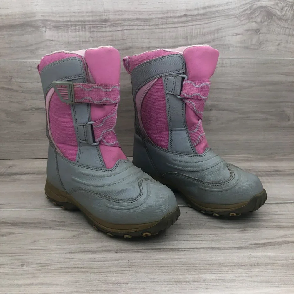 LL Bean Boots Kids Size 1 Pink Gray Insulated Winter Snow Hook and Loop Strap